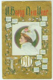 040110 ANTIQUE NEW YEAR POSTCARD 1911 CALENDAR + GLAMOUR LADY  