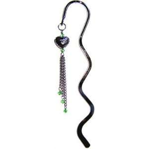  Antique Silver Heart Bookmark with Green Swrovski Crystal 