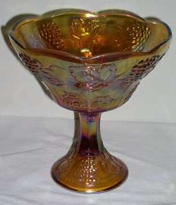 Large Marigold Carnival Glass Grape Pattern Compote  