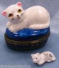 Cat #34 On Blue Pillow Porcelain Trinket Box Hand Painted