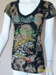 Ed Hardy Christian Women Tight Tshirt V Neck BLK  Small  