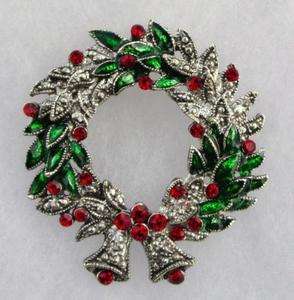   Red Green Rhinestone Enamel Christmas 49mm Wreath Pin Jewelry Brooch