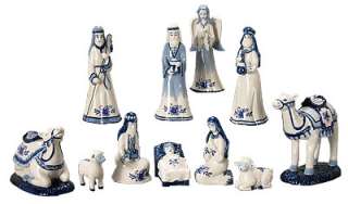 Hand Painted Delft Blue Ceramic Christmas Nativity Set  