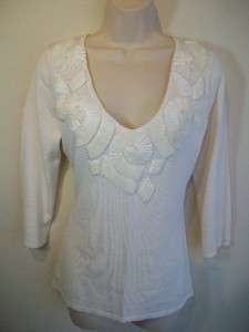DOLCE CABO white knit embellished top blouse L  
