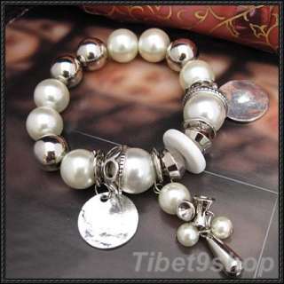 6pcs Wholesale Venetian Pearl Silvered Resin Gems Stretch Bracelet 