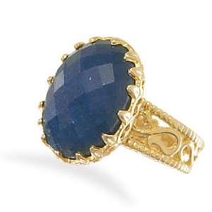   Plated Sterling Silver Faceted Oval Rough Cut Sapphire Ring   Size 8