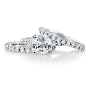 Cushion Cubic Zirconia CZ Sterling Silver 3 Pc Bridal Ring Set 2.04 ct 