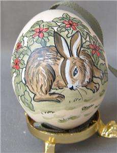 Austrian hand painted blown real Easter Egg LAYING BUNNY W RED FLOWERS 