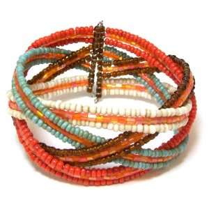 Second Glance Designs Coral, Turquoise, Brown and Ivory Beaded Braided 