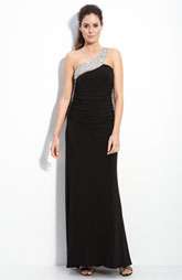JS Boutique Beaded One Shoulder Jersey Gown $178.00