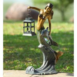 Iron & Glass Mermaid & Dolphin Garden Statue Lantern Hurricane Candle 