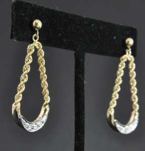 Estate Vtg 14K Gold Diamond Dangle Rope Chain Earrings  