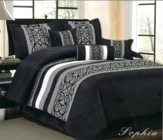 7Pc King Comforter Set Grey, Black Floral Sophia  