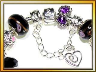Purple Black Pink Hello Kitty Dragonfly Silver Plated Charm Bracelet 