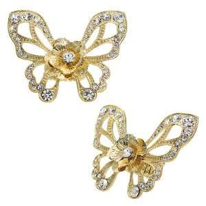  Flower Accented Butterfly Stretch Ring Clear Gold Jewelry