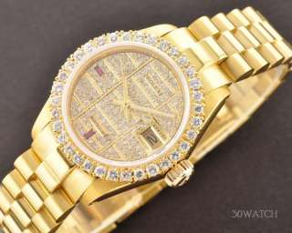 LADIES ROLEX OYSTER PERPETUAL DATEJUST 18K GOLD PAVE DIAMOND AND RUBY 