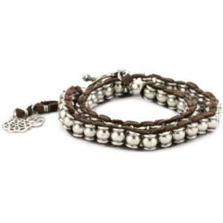 Ettika Mens Silver Colored Barrel Beads Brown Leather Wrap Bracelet 