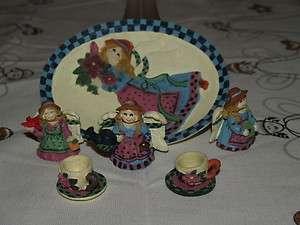 TEA SET MINI COUNTRY ANGELS TEASET CREAMER TEAPOT CUPS SAUCERS NEW 