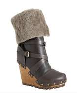 Ash brown studded leather fur cuff wedge boots style# 316945401