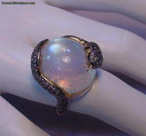 Superb Moonstone 181 Diamonds Serpent Ring 14k Gold and Sterling 