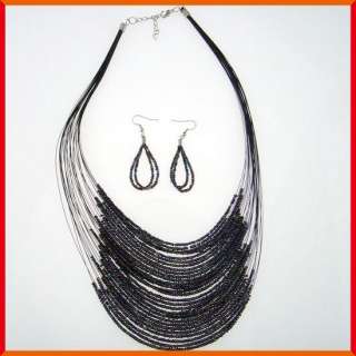 T313 Multi strand black seed bead necklace earrings set  