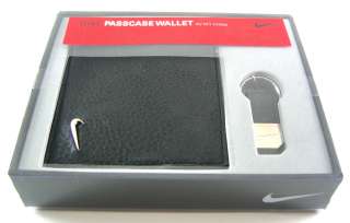 Nike Mens Black Leather Passcase Billfold Wallet and Keychain Gift 