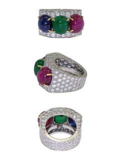 Estate Platinum Pave Diamond Ruby Sapphire Emerald Ring  