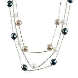  Sterling silver 3 strand necklace with multi color 8.5 9mm 