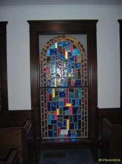OLD 1960 1970s GOTHIC STAIN GLASS WINDOW 36x77 2 PANELS W/MORTAR 