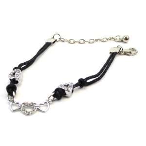  Black Rope Dog Necklace with Hearts and Rhinestones 