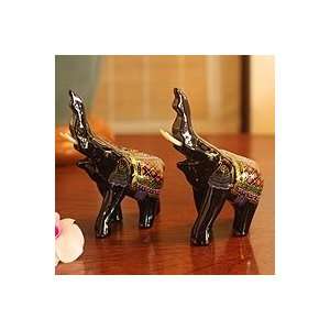  NOVICA Lacquered wood figurines, Happy Elephants (pair 