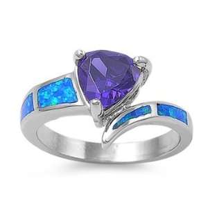  Sterling Silver Ring in Lab Opal   Blue Opal, Purple CZ  Ring 