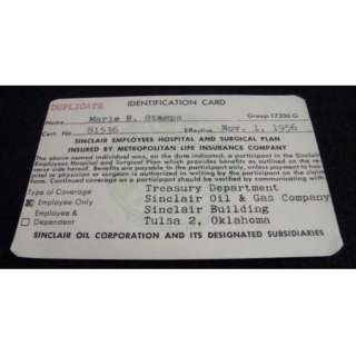 1956 Vintage Insurance ID Card SINCLAIR OIL AND & GAS  