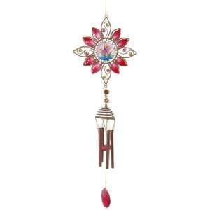  31 inch Metal Sunflower Shaped Pink Dragonfly Musical Wind 