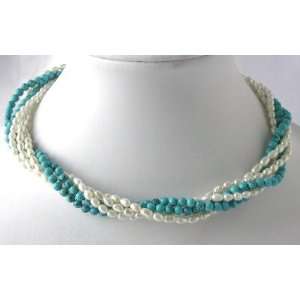    17 Five Rows White Pearl Blue Turquoise Necklace 