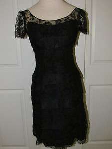 Vintage Designer All Black Short Sleeve Lace Multi Tiered Dress 