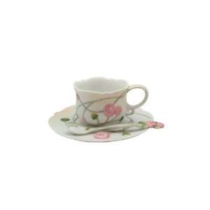   Porcelain Art Nouveau Rose Coffee Cup Set with Spoon