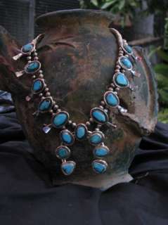   Indian Turquoise & Sterling Silver Squash Blossom Necklace  