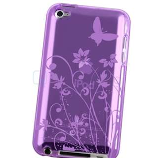 Stylus Pen+Purple Flower Butterfly Skin Case Cover For iPod touch 4 