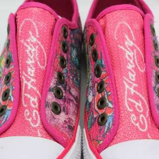 New Ed Hardy Love Kills Bird Sequin Shoes Sneakers Pink  