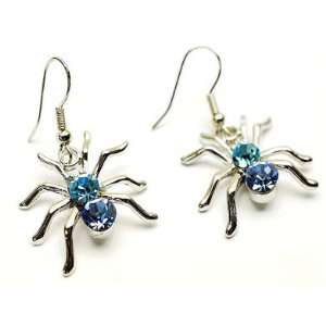  Small Creture Spider Crystal Studs Earrings Blue Crystals 