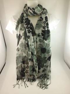 FASHIONABLE GRAY PEONY FLORAL MOD ROCKABILLY FRINGE SCARF  