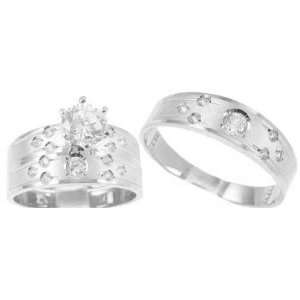  14k White Gold, Trio Three Piece Wedding Ring Set with Lab 