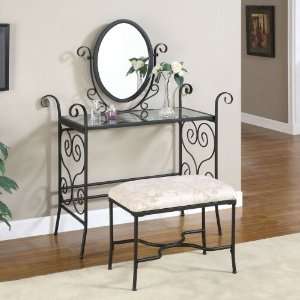  Vanity Set, Nadaly Iron Scroll Vanity and Bench   Black 